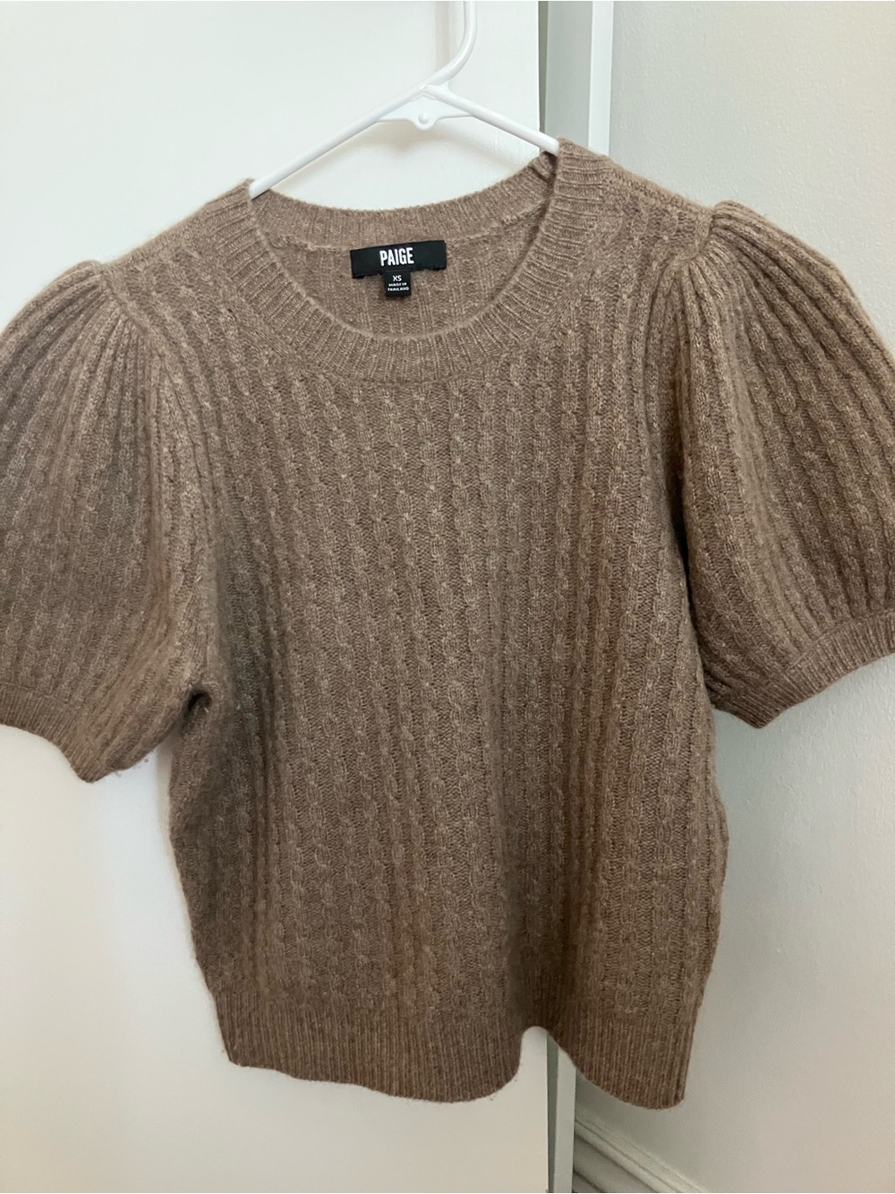 PAIGE Taupe Puff Sleeve Cable Knit Crewneck Sweater